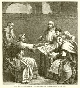 König Johann verweigert die Unterzeichnung der Magna Charta, als sie ihm erstmals vorgelegt wird, 1215 von English School