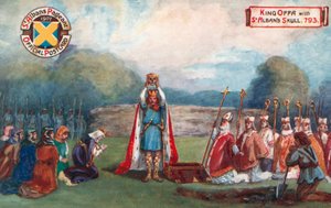 König Offa mit dem Schädel von St. Alban, 793; St. Albans Festzug von English School