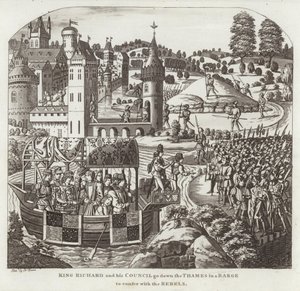 König Richard und sein Rat fahren die Themse hinunter, um mit den Rebellen zu verhandeln von English School
