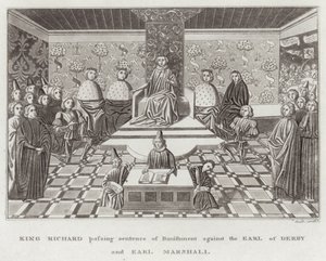 König Richard spricht das Urteil der Verbannung gegen den Earl of Derby und den Earl Marshall aus