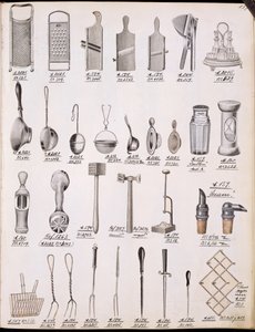 Küchenutensilien, aus einem Handelskatolog für Haushaltswaren und Einrichtungsgegenstände, ca. 1890-1910