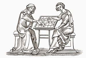 Dame und Jüngling spielen Damespiel oder Dame im frühen 14. Jahrhundert, aus 