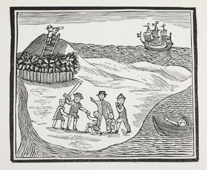 Landung der meuternden Besatzung auf der Insel, Illustration aus Chap-books des achtzehnten Jahrhunderts von John Ashton, veröffentlicht 1882 von English School