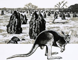 Große Termitenhügel in der Nähe von Darwin, Australien, und ein Känguru im Vordergrund von English School