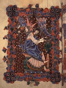 Lat 14782 f.16v St. Matthäus schreibt sein Evangelium, ca. 1080 (Pergament)