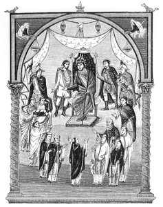 Lat 1 f.423r Karl der Kahle, König von Frankreich (823-77) auf dem Thron, in Auftrag gegeben von Abt Vivian aus dem Kloster St. Martin in Tours, aus der Ersten Bibel von Karl dem Kahlen, 843-51, Illustration von English School