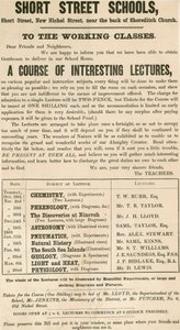 Flugblatt, das einen Kurs von Vorlesungen für die Arbeiterklasse bewirbt von English School