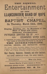 Flugblatt, das die jährliche Unterhaltung der Llangunider Band of Hope bewirbt von English School