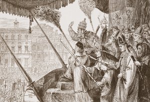 Leo X. verkündet die Bulle des Herrn Stahl, Illustration aus Die Geschichte des Protestantismus von James Aitken Wylie, veröffentlicht 1878
