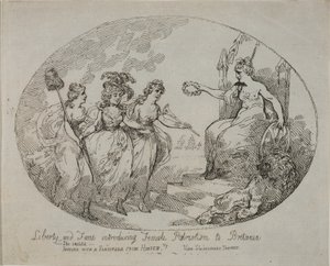 Freiheit und Ruhm stellen weiblichen Patriotismus vor; Britannia und die Herzogin von Devonshire (Gravur) von English School