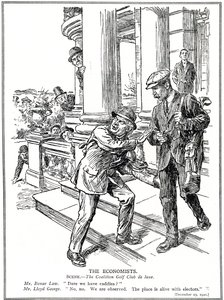 Lloyd George und Bonar Law im Koalitions-Golfclub, aus Angst vor der Anti-Waste-Liga müssen sie auf den Luxus von Caddies verzichten, Dezember 1920