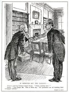 Lloyd George betritt einen Kabinettsraum ohne Minister, die damit beschäftigt sind, Artikel für die Zeitungen zu schreiben, August 1920