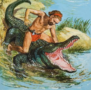 Louis, der Schiffbrüchige, greift ein Krokodil an