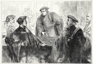 Luther und Zwingli diskutieren in Marburg, Illustration aus Die Geschichte des Protestantismus von James Aitken Wylie, veröffentlicht 1878 von English School