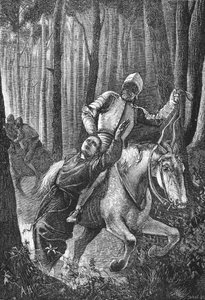 Luther wird von maskierten Reitern im Thüringer Wald angegriffen, Illustration aus Die Geschichte des Protestantismus von James Aitken Wylie, veröffentlicht 1878 von English School