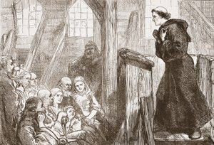 Luther predigt in der alten Holzkirche in Wittenberg, Illustration aus Die Geschichte des Protestantismus von James Aitken Wylie, veröffentlicht 1878