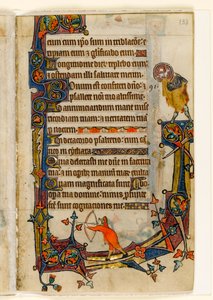 MS 1-2005, fol. 133r: Ein Bogenschütze und Johannes der Täufer, Randdekoration aus dem Macclesfield Psalter, Use of Sarum, Ostanglien, um 1330