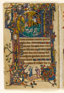 MS 1-2005, fol. 139v: Die Verkündigung an die Hirten, historiierte Initiale aus dem Macclesfield Psalter, Use of Sarum, Ostanglien, um 1330 von English School