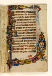 MS 1-2005, fol. 85r: Ein Büßer mit Hund, Randdekoration aus dem Macclesfield Psalter, Use of Sarum, Ostanglien, um 1330