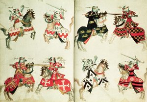 Ritterturnier mit heraldischen Emblemen (Pergament)