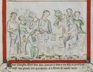 MS Royal 2 BVII, f.43 Begegnung von Samson und Delilah bei einem Philisterfest (Detail) aus 