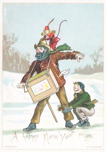 Mann, Junge und Affe rutschen auf Eis, Neujahrskarte von English School
