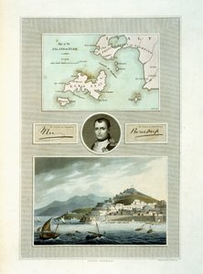Karte von Elba und Ansicht von Porto Ferraio mit Porträt von Napoleon und Faksimile seiner Unterschrift, 1815 von English School