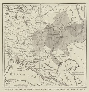 Karte von Russland mit den von der Hungersnot betroffenen Bezirken von English School