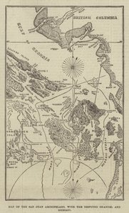Karte des San Juan Archipels mit dem umstrittenen Kanal und der Grenze (Gravur) von English School