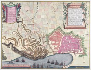 Karte der Belagerung von Barcelona im April 1706 (Farblithographie)