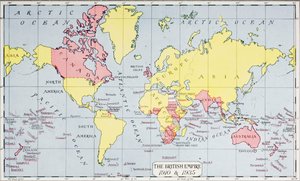 Karte, die das Reich des Königs in Rot zeigt, 1910 und 1935, aus 