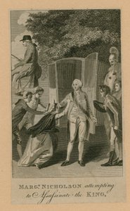 Margaret Nicholson versucht, den König zu ermorden (Gravur) von English School