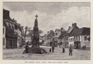 Marktplatz, Crecy, Frankreich, mit dem alten Marktkreuz von English School