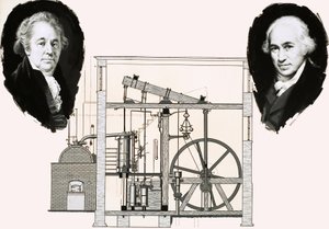 Matthew Boulton und James Watt mit einer der patentierten Dampfmaschinen von English School