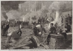 Mitglieder des South Middlesex Rifle Volunteers Corps bei der Arbeit im Fackelschein in den Gärten des Burlington House, Piccadilly, räumen das Gelände für die Drillhalle (Stich) von English School
