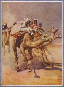Männer reiten auf Kamelen in einem Rennen in der Wüste (Farblithographie) von English School