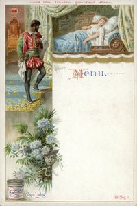 Menü mit einer Szene aus Othello und einer Werbung für Liebigs Fleischextrakt