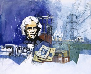 Michael Faraday mit Elektrizitätswerk im Hintergrund