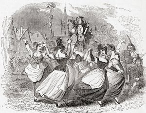 Tanz der Milchmädchen, mit einem Stapel Teller, Maifeiertag, England, aus "Old England: A Pictorial Museum", veröffentlicht 1847