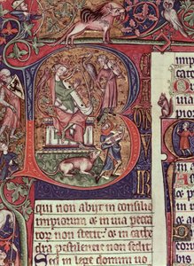 Mms 9961-2 Historisierte Initiale B aus dem Peterborough Psalter, die König David beim Harfenspiel zeigt, englisch, (um 1310-20) von English School