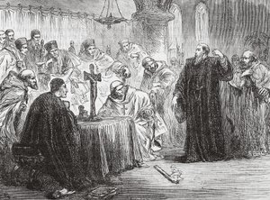 Mollio wirft seine Fackel vor der Inquisition nieder, Illustration aus Die Geschichte des Protestantismus von James Aitken Wylie, veröffentlicht 1878