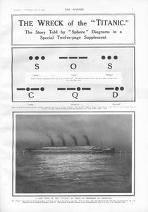 Morsecode-Signale und Illustration des Dampfschiffs, das nachts in Cherbourg angedockt ist, aus The Sphere, 27. April 1912