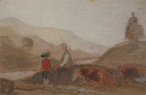 Gebirgige Landschaft mit Figur am See (Ein Mann sitzt am See inmitten von Bergen), zuvor J.M.W. Turner (1775-1851) und auch Peter de Wint (1784-1849) zugeschrieben, 1825-30