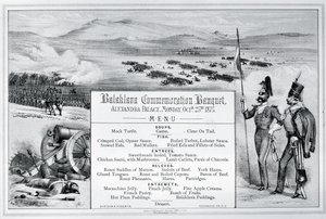 Montiertes illustriertes Menü für das Balaklava-Gedenkbankett im Alexandra Palace, 25. Oktober 1875 (Gravur) von English School
