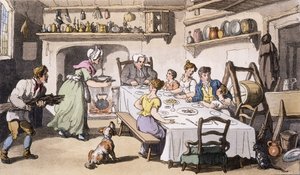 Mr. Burchells erster Besuch, veröffentlicht in Ackermanns Repository of Arts, London, 1817 (handkolorierte Gravur) von English School