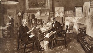 Mr. Winston Churchill in seinem Zimmer im Admiralität, in Beratung mit Admiral der Flotte Lord Fisher von Kilverstone, aus The Illustrated London News, 19. Dezember 1914