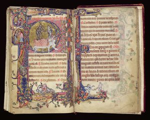 Ms 1-2005, ff.235v-236r: Der Tod schlägt zu, historisierte Initiale aus dem Macclesfield Psalter, Gebrauch von Sarum, Ostanglien, ca. 1330 von English School