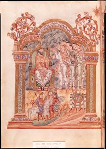 Ms 274 (Y-6) fol.36v Die Heiligen Drei Könige besuchen König Herodes, aus dem Messbuch von Robert von Jumieges, ca. 1016