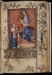 Ms 48, f.86r: Der Besitzer des Manuskripts betet zur Jungfrau und dem Kind, aus den Carew-Poyntz Stunden, Gebrauch von Sarum, ca. 1390-1400