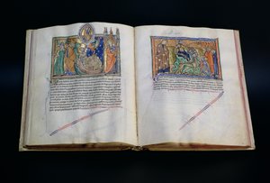 Ms L.A. 139-Lisboa fol.37v-38 Das Tier lästert den Namen Gottes, und die Menschen beten das 3. und 2. Tier an, aus der Gulbenkian-Apokalypse, ca. 1265-70